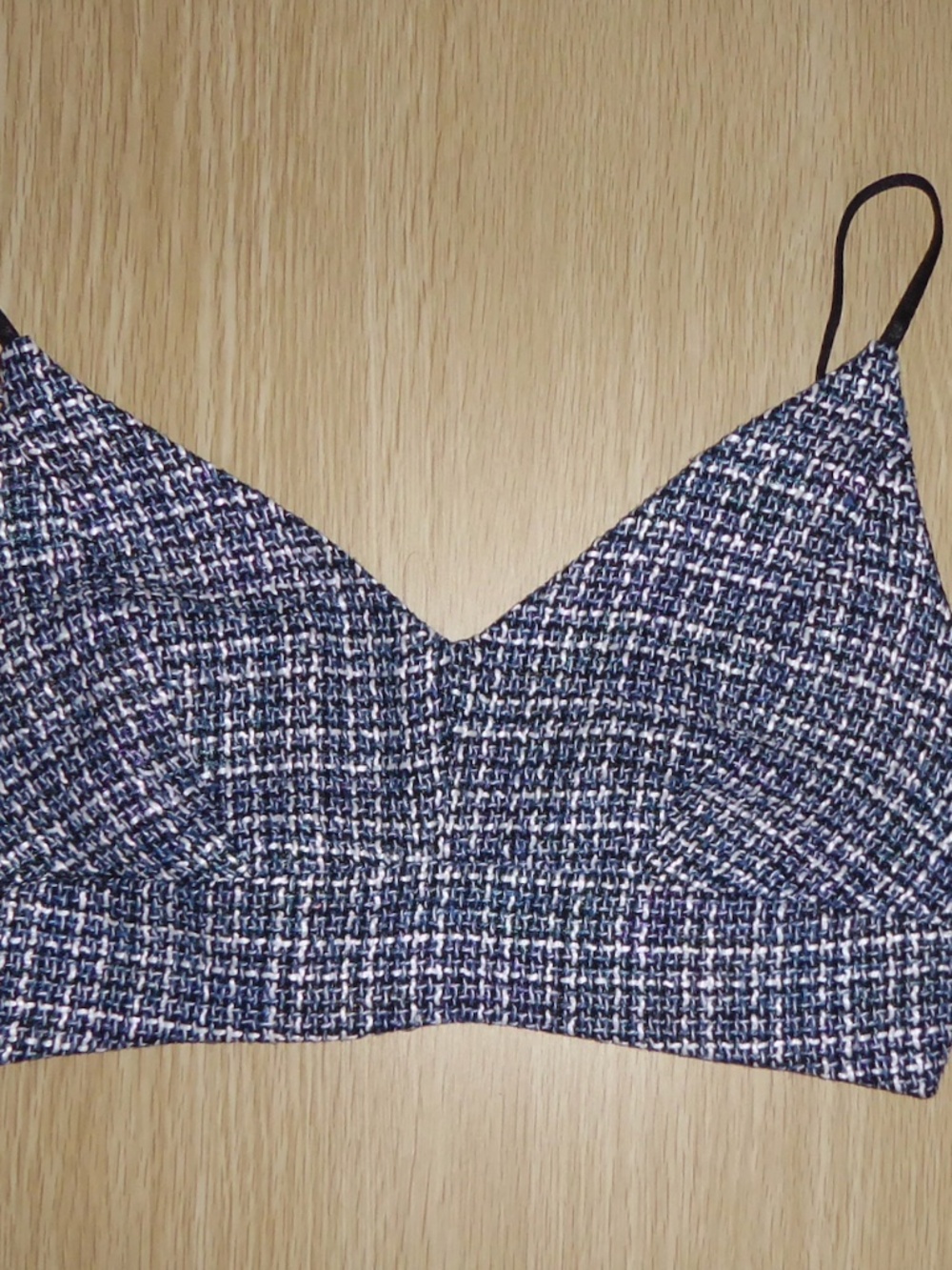 Tweed Bouclé Bralette Top Blue White Woven Pattern Spaghetti Straps Adjustable M